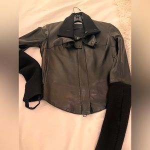 Helmet lang leather jacket with knit wrist